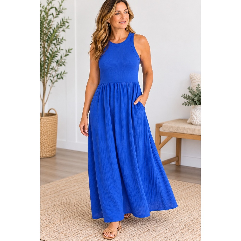LOFT Beach Blue Gauzy Ribbed Tank Maxi Dress Flowy Resort Large NWT Vacation